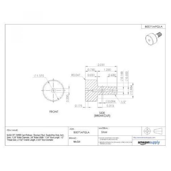 McGill CF1 3/8SB Cam Follower, Standard Stud, Sealed/Hex Hole, Inch, Steel, #2 image